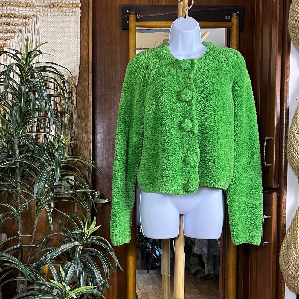 Vintage Michael Simon Cardigan Womens OS Kelly Green Boucle Cotton Hong Kong 90s
